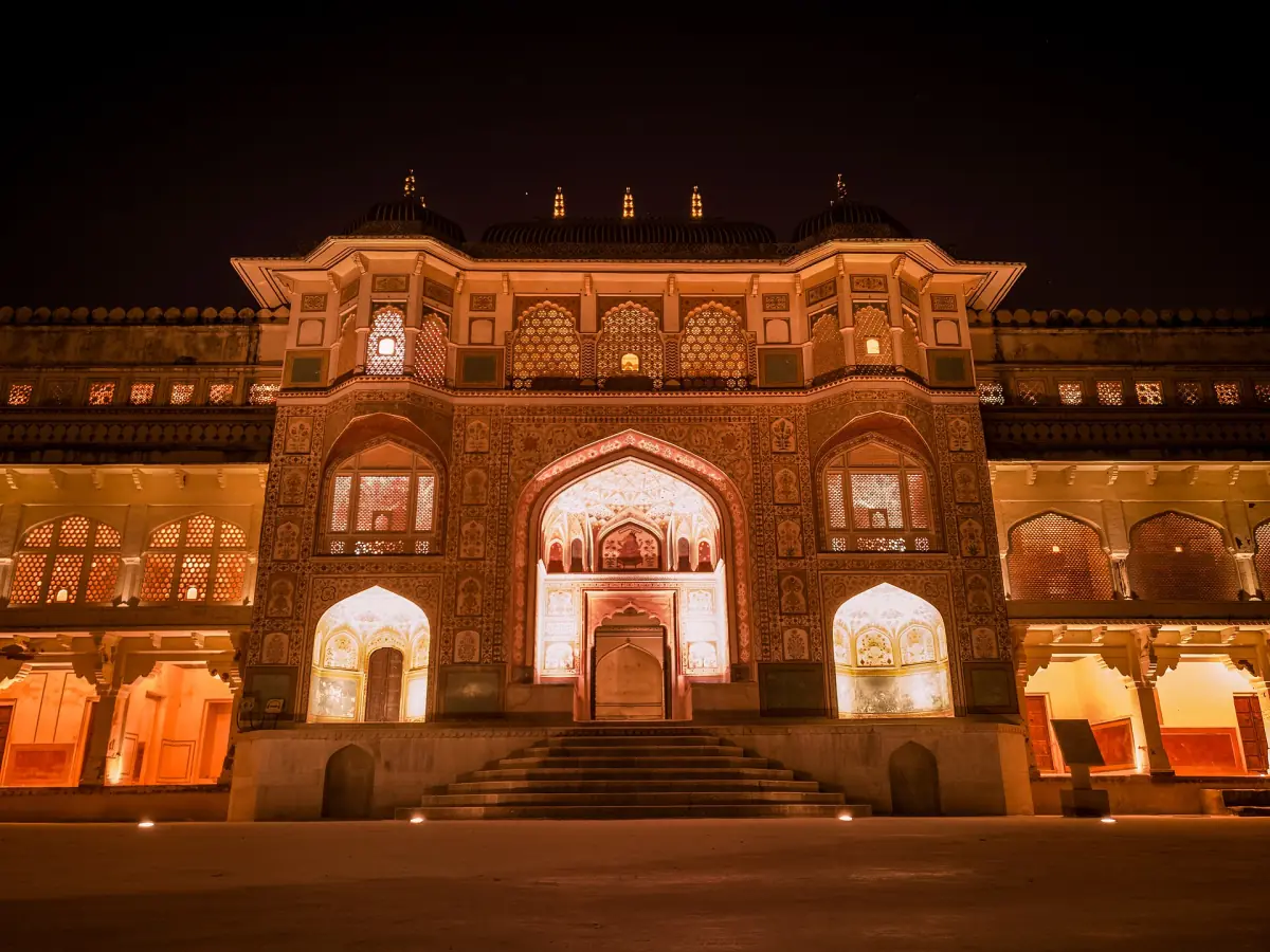 A gateway of Amber Fort at night